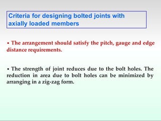 • The arrangement should satisfy the pitch, gauge and edge
distance requirements.
• The strength of joint reduces due to the bolt holes. The
reduction in area due to bolt holes can be minimized by
arranging in a zig-zag form.
Criteria for designing bolted joints with
axially loaded members
 