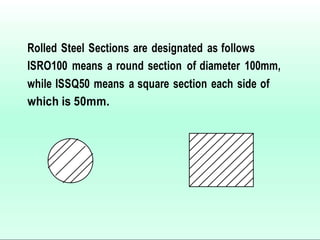 Rolled Steel Sections are designated as follows
ISRO100 means a round section of diameter 100mm,
while ISSQ50 means a square section each side of
which is 50mm.
 