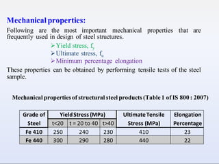 Mechanical properties:
Following are the most important mechanical properties that are
frequently used in design of steel structures.
Yield stress, fy
Ultimate stress, fu
Minimum percentage elongation
These properties can be obtained by performing tensile tests of the steel
sample.
Mechanical propertiesof structural steel products (Table 1 of IS 800 : 2007)
Grade of
Steel
YieldStress (MPa) UltimateTensile
Stress (MPa)
Elongation
Percentage
t<20 t = 20 to 40 t>40
Fe 410 250 240 230 410 23
Fe 440 300 290 280 440 22
 