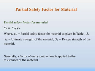 Partial Safety Factor for Material
Partial safety factor for material
𝑆𝑑 = 𝑆𝑢/𝛾𝑚
Where, 𝛾𝑚 = Partial safety factor for material as given in Table 1.5.
𝑆𝑢 = Ultimate strength of the material, 𝑆𝑑 = Design strength of the
material.
Generally, a factor of unity (one) or less is applied to the
resistances of the material.
 