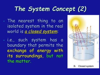 The System Concept (2)
• The nearest thing to an
isolated system in the real
world is a closed system:
• i.e., such system has a
boundary that permits the
exchange of energy with
its surroundings, but not
the matter.
 