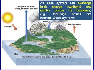 An open system can exchange
both energy (sunlight) and
matter across its boundary,
e.g., Drainage Basins are
internal Open Systems
 