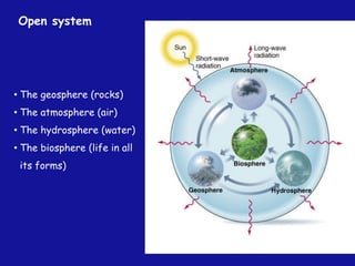 Open system
• The geosphere (rocks)
• The atmosphere (air)
• The hydrosphere (water)
• The biosphere (life in all
its forms)
 