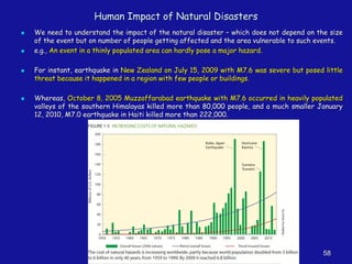 Human Impact of Natural Disasters
◼ We need to understand the impact of the natural disaster – which does not depend on the size
of the event but on number of people getting affected and the area vulnerable to such events.
◼ e.g., An event in a thinly populated area can hardly pose a major hazard.
◼ For instant, earthquake in New Zealand on July 15, 2009 with M7.6 was severe but posed little
threat because it happened in a region with few people or buildings.
◼ Whereas, October 8, 2005 Muzzaffarabad earthquake with M7.6 occurred in heavily populated
valleys of the southern Himalayas killed more than 80,000 people, and a much smaller January
12, 2010, M7.0 earthquake in Haiti killed more than 222,000.
58
 