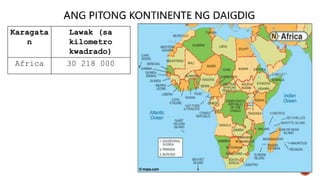 Karagata
n
Lawak (sa
kilometro
kwadrado)
Africa 30 218 000
 