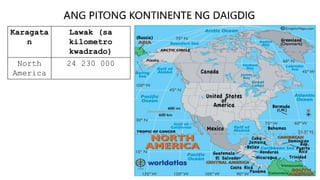 Karagata
n
Lawak (sa
kilometro
kwadrado)
North
America
24 230 000
 