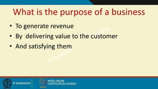 What is the purpose of a business
• To generate revenue
• By delivering value to the customer
• And satisfying them
 