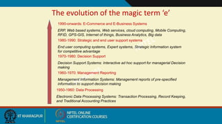 The evolution of the magic term ‘e’
1950-1960: Data Processing
Electronic Data Processing Systems: Transaction Processing, Record Keeping,
and Traditional Accounting Practices
1960-1970: Management Reporting
Management Information Systems: Management reports of pre-specified
information to support decision making
1970-1980: Decision Support
Decision Support Systems: Interactive ad hoc support for managerial Decision
making
1980-1990: Strategic and end user support systems
End user computing systems, Expert systems, Strategic Information system
for competitive advantage
1990-onwards: E-Commerce and E-Business Systems
ERP, Web based systems, Web services, cloud computing, Mobile Computing,
RFID, GPS-GIS, Internet of things, Business Analytics, Big data
 