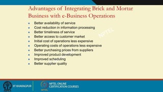 Advantages of Integrating Brick and Mortar
Business with e-Business Operations
 Better availability of service
 Cost reduction in information processing
 Better timeliness of service
 Better access to customer market
 Initial cost of operations less expensive
 Operating costs of operations less expensive
 Better purchasing prices from suppliers
 Improved product development
 Improved scheduling
 Better supplier quality
 