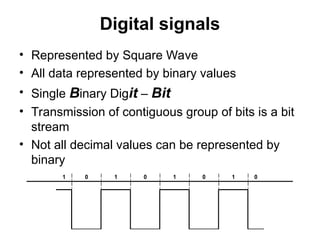Digital signals
• Represented by Square Wave
• All data represented by binary values
• Single Binary Digit – Bit
• Transmission of contiguous group of bits is a bit
stream
• Not all decimal values can be represented by
binary
1 0 1 0 1 0 1 0
 