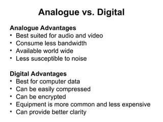 Analogue vs. Digital
Analogue Advantages
• Best suited for audio and video
• Consume less bandwidth
• Available world wide
• Less susceptible to noise
Digital Advantages
• Best for computer data
• Can be easily compressed
• Can be encrypted
• Equipment is more common and less expensive
• Can provide better clarity
 
