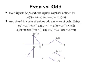 Even vs. Odd
 Even signals xe(t) and odd signals xo(t) are defined as
xe(t) = xe(−t) and xo(t) = −xo(−t).
 Any signal is a sum of unique odd and even signals. Using
x(t) = xe(t)+xo(t) and x(−t) = xe(t) − xo(t), yields
xe(t) =0.5(x(t)+x(−t)) and xo(t) =0.5(x(t) − x(−t)).
 