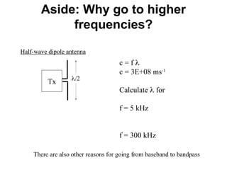 Aside: Why go to higher
frequencies?
Tx /2
Half-wave dipole antenna
c = f 
c = 3E+08 ms-1
Calculate  for
f = 5 kHz
f = 300 kHz
There are also other reasons for going from baseband to bandpass
 