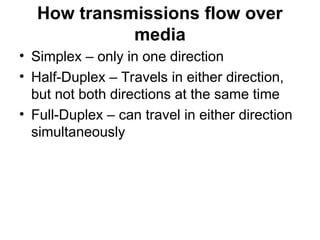 How transmissions flow over
media
• Simplex – only in one direction
• Half-Duplex – Travels in either direction,
but not both directions at the same time
• Full-Duplex – can travel in either direction
simultaneously
 