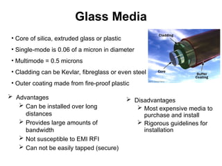Glass Media
• Core of silica, extruded glass or plastic
• Single-mode is 0.06 of a micron in diameter
• Multimode = 0.5 microns
• Cladding can be Kevlar, fibreglass or even steel
• Outer coating made from fire-proof plastic
 Advantages
 Can be installed over long
distances
 Provides large amounts of
bandwidth
 Not susceptible to EMI RFI
 Can not be easily tapped (secure)
 Disadvantages
 Most expensive media to
purchase and install
 Rigorous guidelines for
installation
 