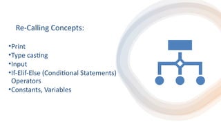 Re-Calling Concepts:
•Print
•Type casting
•Input
•If-Elif-Else (Conditional Statements)
Operators
•Constants, Variables
 