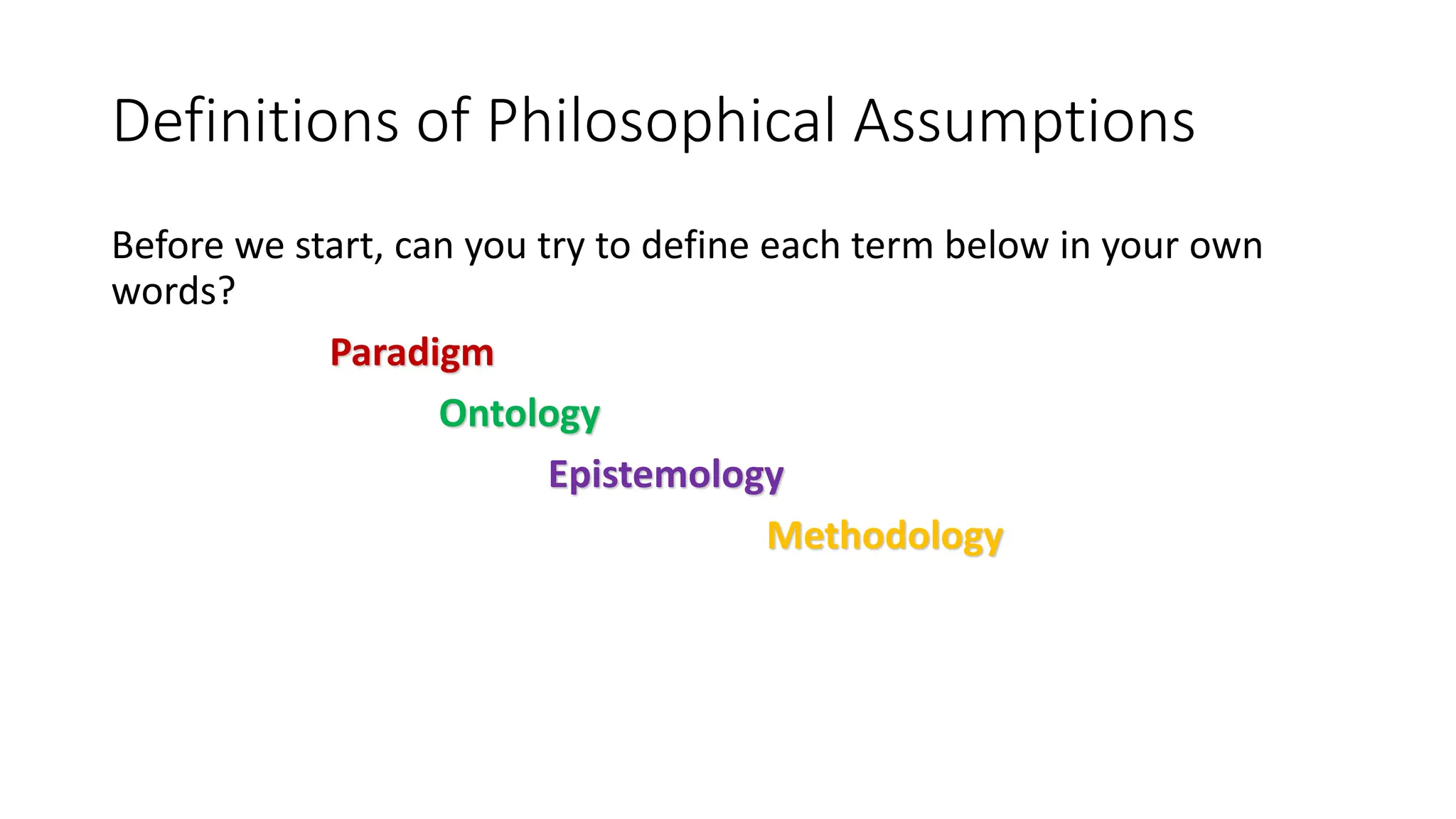Definitions of Philosophical Assumptions
Before we start, can you try to define each term below in your own
words?
Paradigm
Ontology
Epistemology
Methodology
 