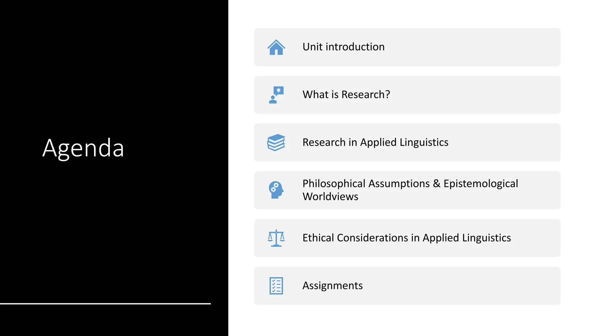 Agenda
Unit introduction
What is Research?
Research in Applied Linguistics
Philosophical Assumptions & Epistemological
Worldviews
Ethical Considerations in Applied Linguistics
Assignments
 