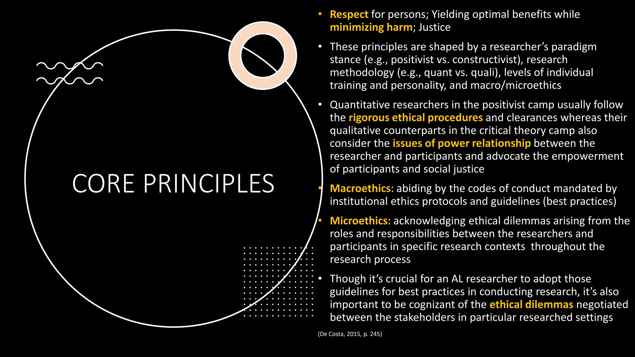 CORE PRINCIPLES
• Respect for persons; Yielding optimal benefits while
minimizing harm; Justice
• These principles are shaped by a researcher’s paradigm
stance (e.g., positivist vs. constructivist), research
methodology (e.g., quant vs. quali), levels of individual
training and personality, and macro/microethics
• Quantitative researchers in the positivist camp usually follow
the rigorous ethical procedures and clearances whereas their
qualitative counterparts in the critical theory camp also
consider the issues of power relationship between the
researcher and participants and advocate the empowerment
of participants and social justice
• Macroethics: abiding by the codes of conduct mandated by
institutional ethics protocols and guidelines (best practices)
• Microethics: acknowledging ethical dilemmas arising from the
roles and responsibilities between the researchers and
participants in specific research contexts throughout the
research process
• Though it’s crucial for an AL researcher to adopt those
guidelines for best practices in conducting research, it’s also
important to be cognizant of the ethical dilemmas negotiated
between the stakeholders in particular researched settings
(De Costa, 2015, p. 245)
 