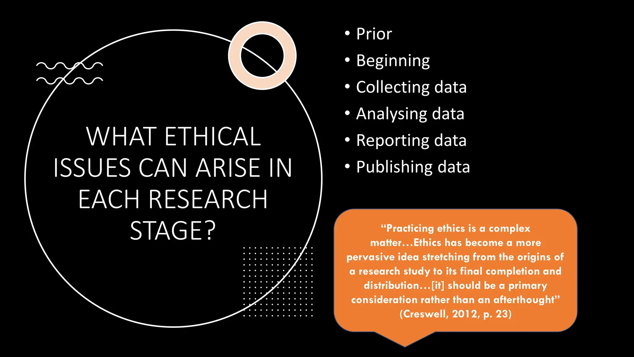 WHAT ETHICAL
ISSUES CAN ARISE IN
EACH RESEARCH
STAGE?
• Prior
• Beginning
• Collecting data
• Analysing data
• Reporting data
• Publishing data
“Practicing ethics is a complex
matter…Ethics has become a more
pervasive idea stretching from the origins of
a research study to its final completion and
distribution…[it] should be a primary
consideration rather than an afterthought”
(Creswell, 2012, p. 23)
 