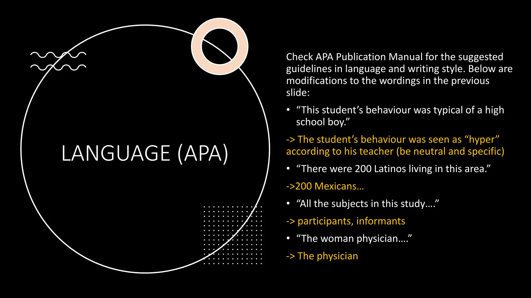 LANGUAGE (APA)
Check APA Publication Manual for the suggested
guidelines in language and writing style. Below are
modifications to the wordings in the previous
slide:
• “This student’s behaviour was typical of a high
school boy.”
-> The student’s behaviour was seen as “hyper”
according to his teacher (be neutral and specific)
• “There were 200 Latinos living in this area.”
->200 Mexicans…
• “All the subjects in this study….”
-> participants, informants
• “The woman physician….”
-> The physician
 