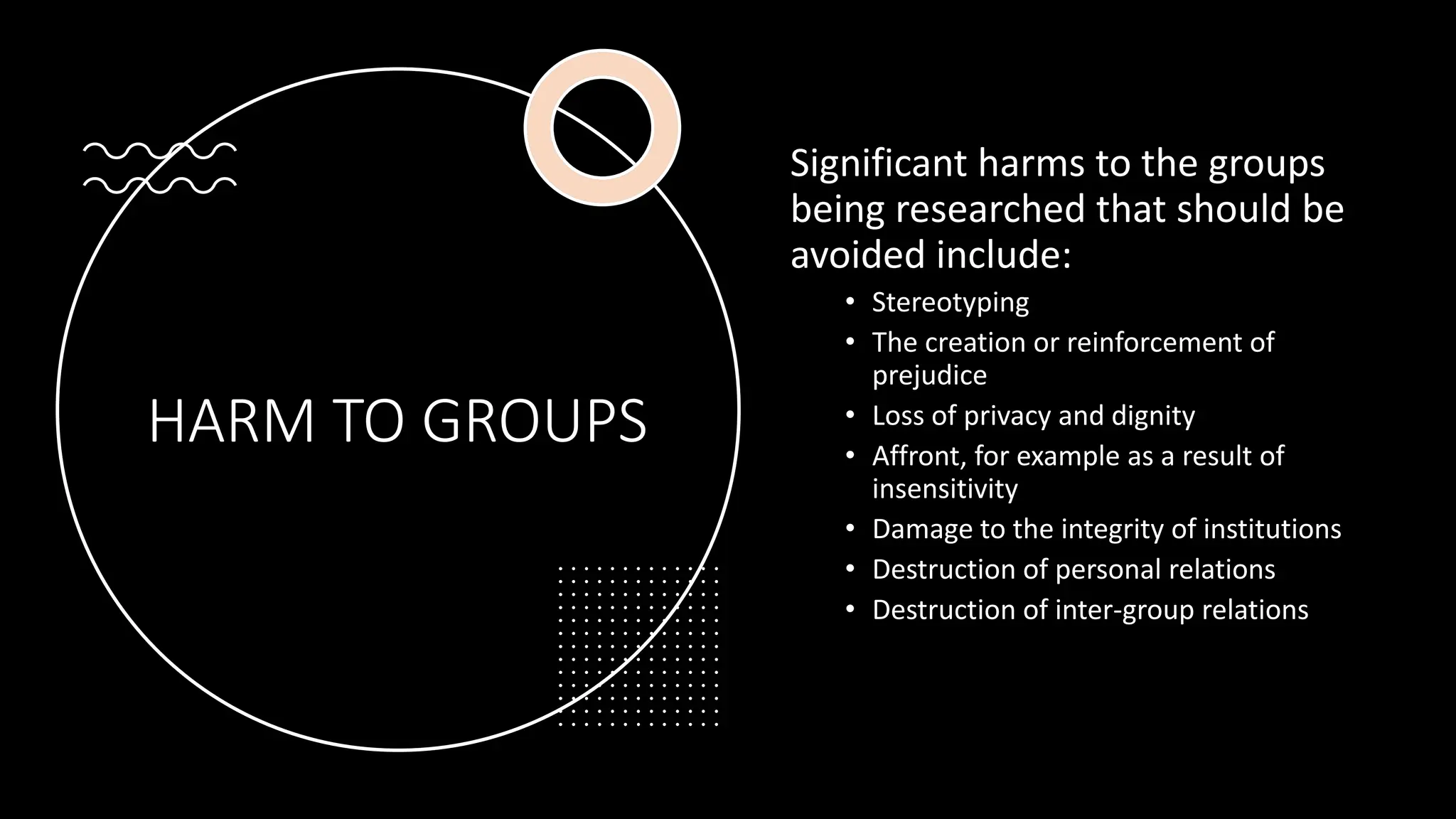 HARM TO GROUPS
Significant harms to the groups
being researched that should be
avoided include:
• Stereotyping
• The creation or reinforcement of
prejudice
• Loss of privacy and dignity
• Affront, for example as a result of
insensitivity
• Damage to the integrity of institutions
• Destruction of personal relations
• Destruction of inter-group relations
 