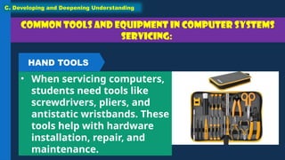 Common tools and equipment in Computer Systems
Servicing:
• When servicing computers,
students need tools like
screwdrivers, pliers, and
antistatic wristbands. These
tools help with hardware
installation, repair, and
maintenance.
C. Developing and Deepening Understanding
HAND TOOLS
 