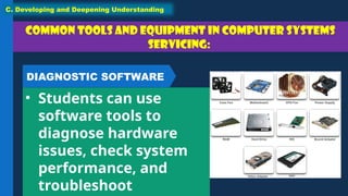 Common tools and equipment in Computer Systems
Servicing:
• Students can use
software tools to
diagnose hardware
issues, check system
performance, and
troubleshoot
C. Developing and Deepening Understanding
DIAGNOSTIC SOFTWARE
 