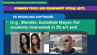 Common tools and equipment Visual Arts:
• (e.g., Blender, Autodesk Maya): For
students interested in 3D art and
animation.
C. Developing and Deepening Understanding
3D MODELING SOFTWARE
 