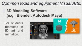 Common tools and equipment Visual Arts:
3D Modeling Software
(e.g., Blender, Autodesk Maya)
For students
interested in
3D art and
animation.
 