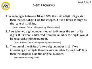 DIGIT  PROBLEMS 1. In an integer between 10 and 100, the unit’s digit is 3 greater than the ten’s digit. Find the integer, if it is 4 times as large as the  sum of its digits. (from Internet Guide to Engineering Mathematics) 2. A certain two digit number is equal to 9 times the sum of its digits. If 63 were subtracted from the number the digits would be reversed. Find the number. (from Internet Guide to Engineering Mathematics) The sum of the digits of a two-digit number is 11. If we interchange the digits then the new number formed is 45 less than the original. Find the original number.  (onlinemathlearning .com) Week 2 Day 1 