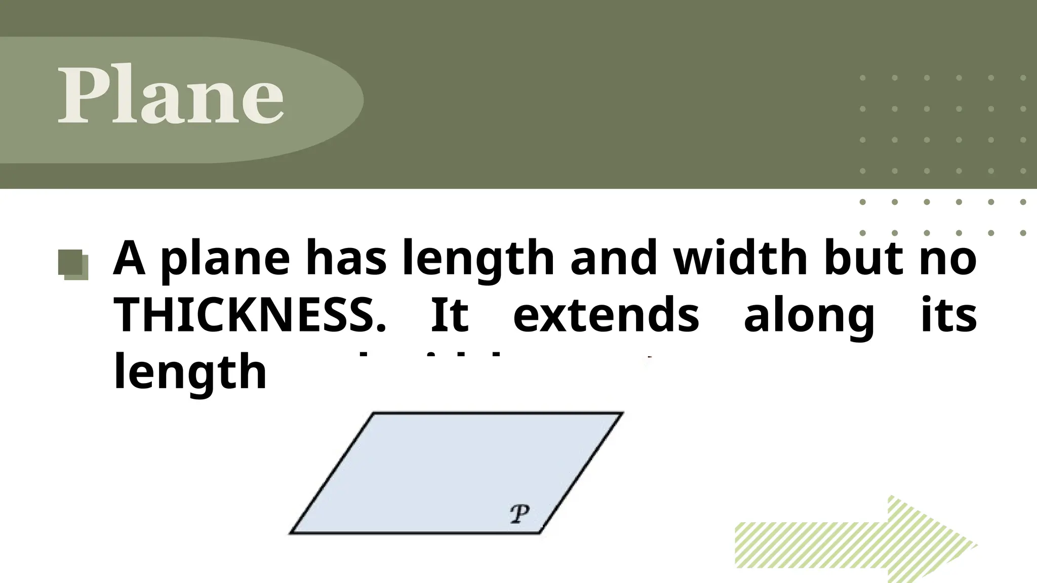 A plane has length and width but no
THICKNESS. It extends along its
length and width.
Plane
 