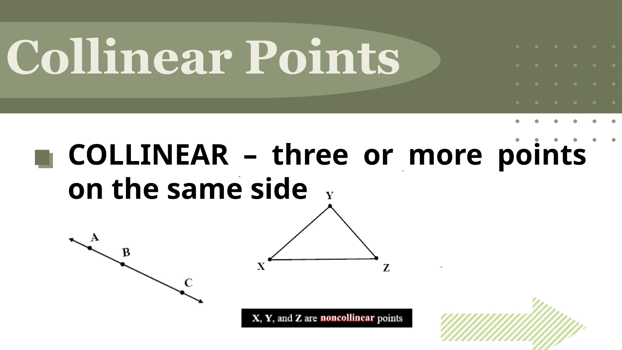 COLLINEAR – three or more points
on the same side
Collinear Points
 