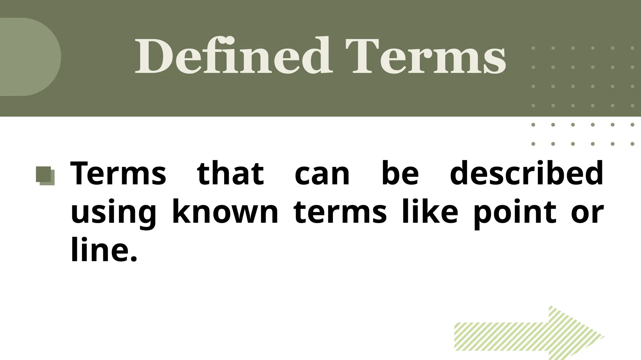 Defined Terms
Terms that can be described
using known terms like point or
line.
 