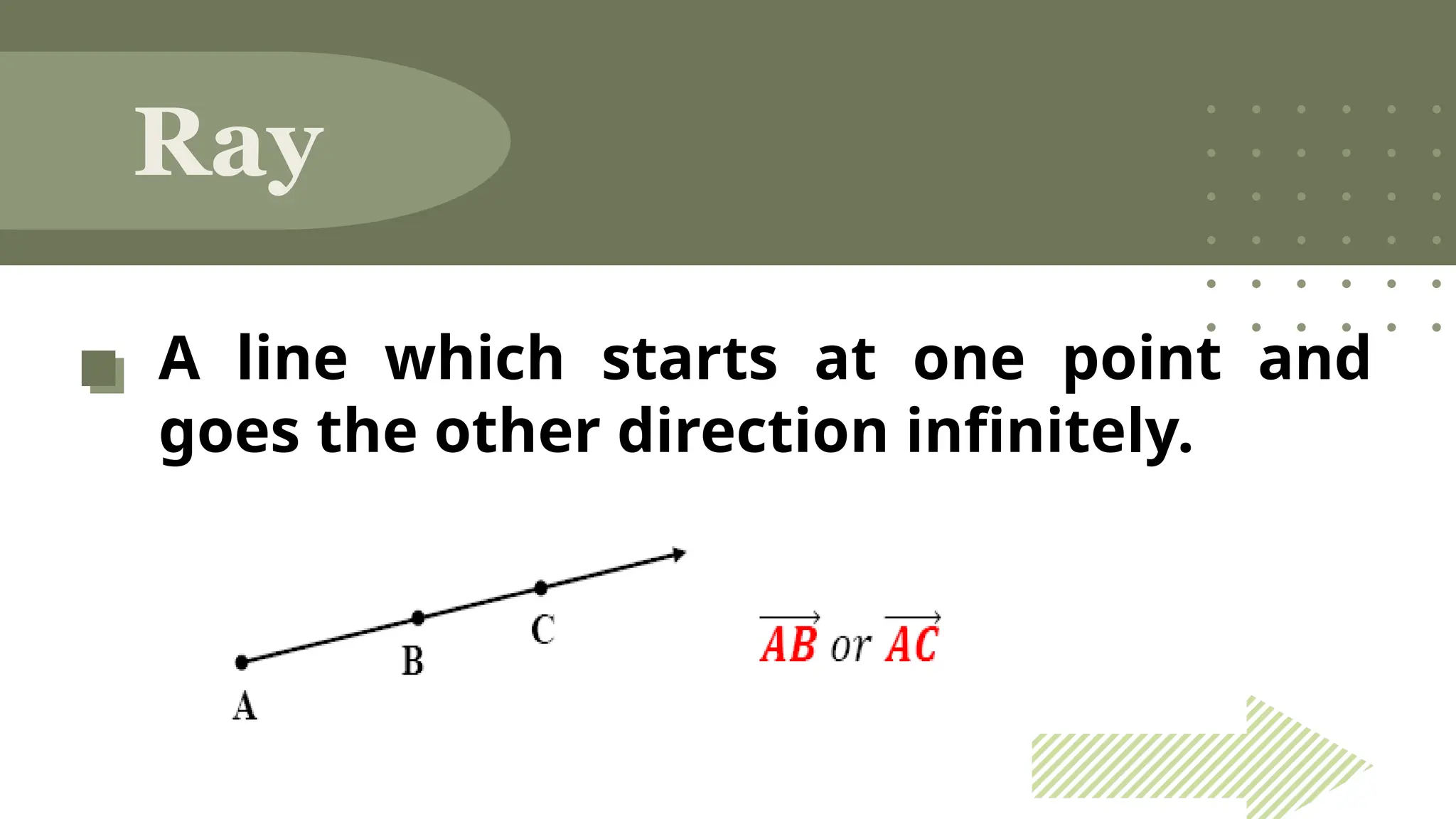 A line which starts at one point and
goes the other direction infinitely.
Ray
 