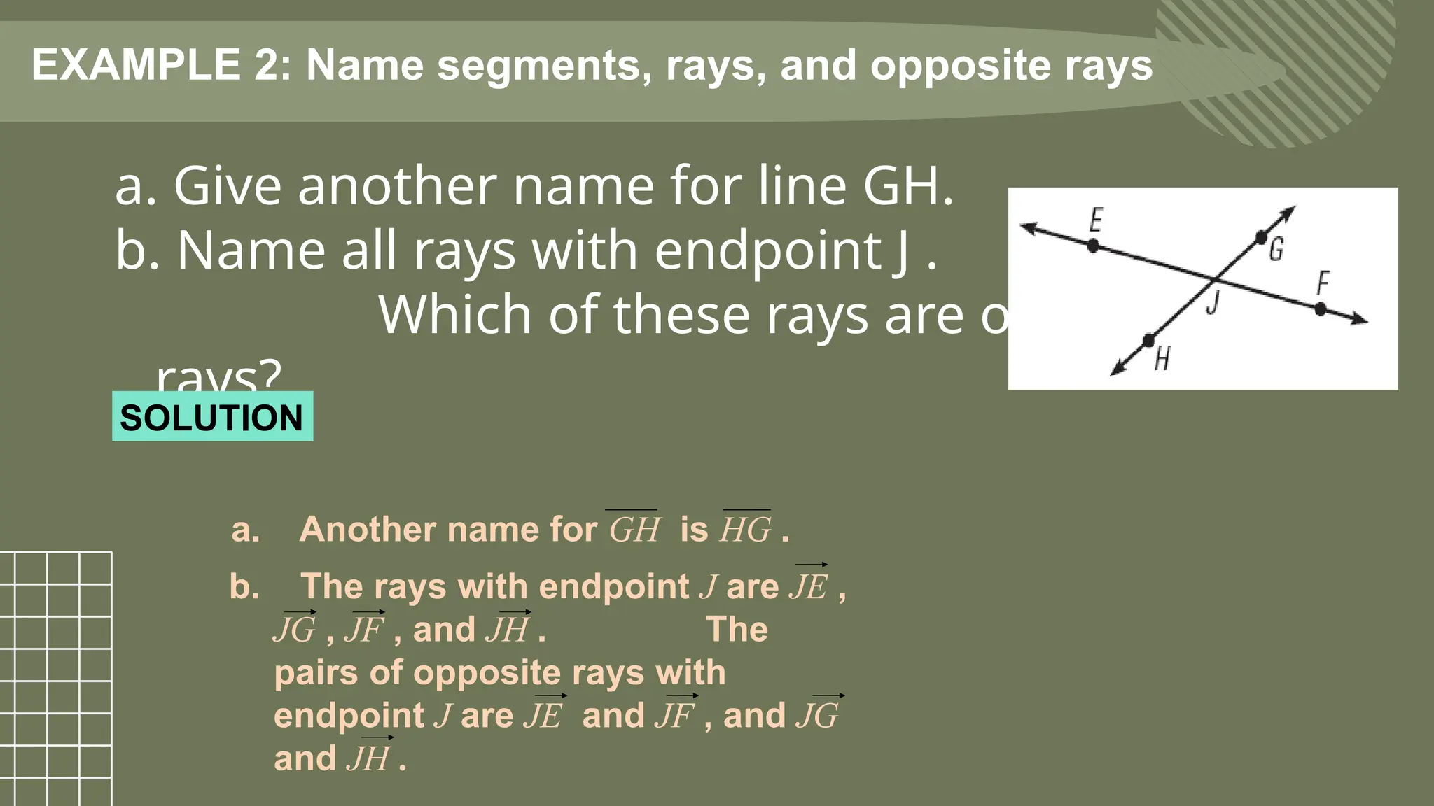 EXAMPLE 2: Name segments, rays, and opposite rays
a. Give another name for line GH.
b. Name all rays with endpoint J .
Which of these rays are opposite
rays?
SOLUTION
a. Another name for GH is HG .
b. The rays with endpoint J are JE ,
JG , JF , and JH . The
pairs of opposite rays with
endpoint J are JE and JF , and JG
and JH .
 