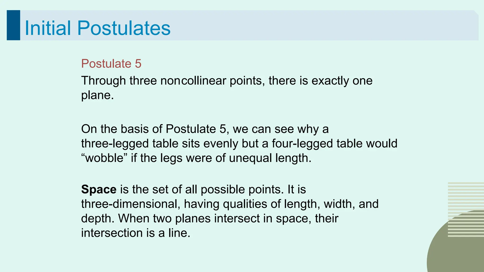 52
Initial Postulates
Postulate 5
Through three noncollinear points, there is exactly one
plane.
On the basis of Postulate 5, we can see why a
three-legged table sits evenly but a four-legged table would
“wobble” if the legs were of unequal length.
Space is the set of all possible points. It is
three-dimensional, having qualities of length, width, and
depth. When two planes intersect in space, their
intersection is a line.
 