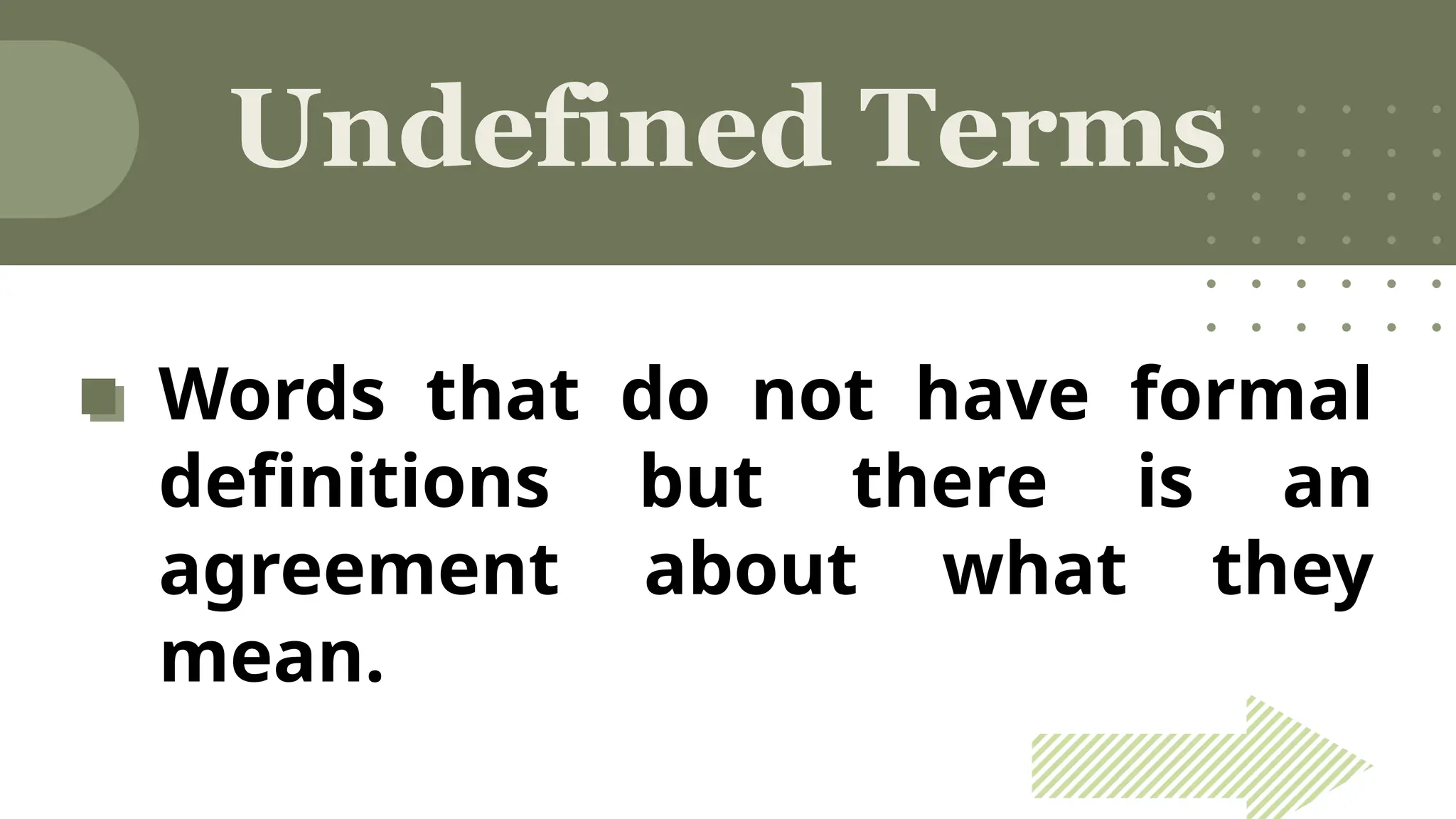Undefined Terms
Words that do not have formal
definitions but there is an
agreement about what they
mean.
 