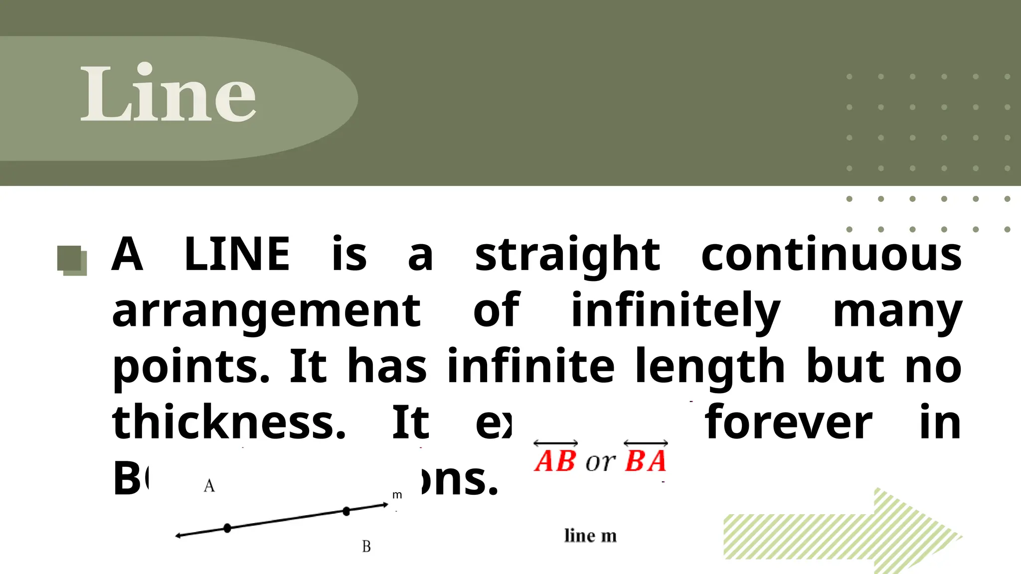A LINE is a straight continuous
arrangement of infinitely many
points. It has infinite length but no
thickness. It extends forever in
BOTH directions.
Line
m
 