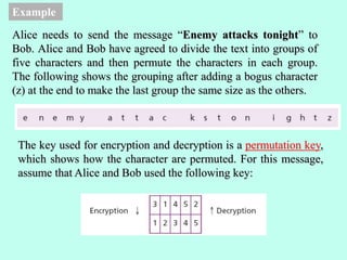 Example
Alice needs to send the message “Enemy attacks tonight” to
Bob. Alice and Bob have agreed to divide the text into groups of
five characters and then permute the characters in each group.
The following shows the grouping after adding a bogus character
(z) at the end to make the last group the same size as the others.
The key used for encryption and decryption is a permutation key,
which shows how the character are permuted. For this message,
assume that Alice and Bob used the following key:
 