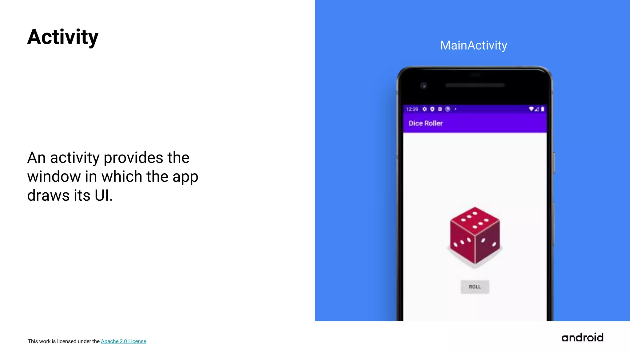 This work is licensed under the Apache 2.0 License
MainActivity
An activity provides the
window in which the app
draws its UI.
Activity
 