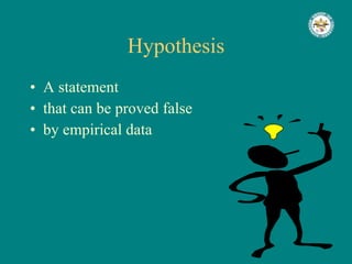 Hypothesis A statement that can be proved false by empirical data 