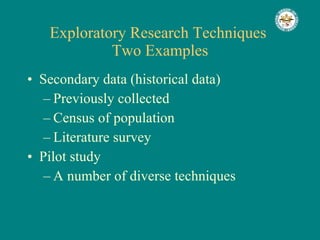 Exploratory Research Techniques  Two Examples Secondary data (historical data) Previously collected Census of population Literature survey Pilot study A number of diverse techniques 
