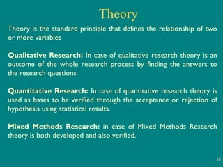 Theory Theory is the standard principle that defines the relationship of two or more variables  Qualitative Research:  In case of qualitative research theory is an outcome of the whole research process by finding the answers to the research questions Quantitative Research:  In case of quantitative research theory is used as bases to be verified through the acceptance or rejection of hypothesis using statistical results. Mixed Methods Research:  in case of Mixed Methods Research theory is both developed and also verified.  