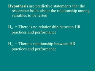 Hypothesis  are predictive statements that the researcher holds about the relationship among variables to be tested H O   = There is no relationship between HR practices and performance H A   = There is relationship between HR practices and performance 