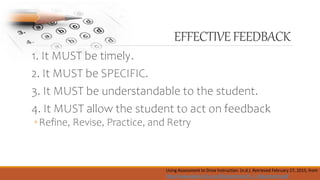 EFFECTIVEFEEDBACK
1. It MUST be timely.
2. It MUST be SPECIFIC.
3. It MUST be understandable to the student.
4. It MUST allow the student to act on feedback
◦Refine, Revise, Practice, and Retry
Using Assessment to Drive Instruction. (n.d.). Retrieved February 27, 2015, from
http://www.slane.k12.or.us/files/common/4_2_Adjustments.pdf
 