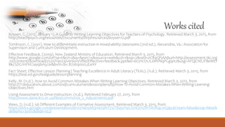 Workscited
Boysen, G. (2012, January 1). A Guide to Writing Learning Objectives for Teachers of Psychology. Retrieved March 3, 2015, from
http://teachpsych.org/resources/Documents/otrp/resources/boysen12.pdf
Tomlinson, C. (2001). How to differentiate instruction in mixed-ability classrooms (2nd ed.). Alexandria, Va.: Association for
Supervision and Curriculum Development.
Effective Feedback. (2009). New Zealand Ministry of Education. Retrieved March 3, 2015, from
http://www.google.com/url?sa=t&rct=j&q=&esrc=s&source=web&cd=1&sqi=2&ved=0CB4QFjAA&url=http://assessment.tki.org
.nz/content/download/2520/19023/version/1/file/Effective+feedback.ppt&ei=6t31VJ7ULsWVNqPGg9AJ&usg=AFQjCNEJFBeWEf
8kcSDG1HPHCIaa9bA5cw&bvm=bv.87269000,d.eXY
Fact Sheet: Effective Lesson Planning | Teaching Excellence in Adult Literacy (TEAL). (n.d.). Retrieved March 3, 2015, from
https://teal.ed.gov/tealguide/lessonplanning
Kelly, M. (n.d.). How to Avoid Common Mistakes When Writing Learning Objectives. Retrieved March 3, 2015, from
http://712educators.about.com/od/curriculumandlessonplans/tp/How-To-Avoid-Common-Mistakes-When-Writing-Learning-
Objectives.htm
Using Assessment to Drive Instruction. (n.d.). Retrieved February 27, 2015, from
http://www.slane.k12.or.us/files/common/4_2_Adjustments.pdf
Wees, D. (n.d.). 56 Different Examples of Formative Assessment. Retrieved March 3, 2015, from
https://docs.google.com/presentation/d/1nzhdnyMQmio5lNT75ITB45rHyLISHEEHZlHTWJRqLmQ/pub?start=false&loop=false&
delayms=3000&slide=id.p
 