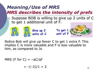 Meaning/Use of MRS
 MRS describes the intensity of prefs
     Suppose BOB is willing to give up 2 units of C
      to get 1 additional unit of F.

                 Give up 2       To get 1
                 units of C      unit of F

Notice Bob will give up fewer C to get 1 extra F. This
implies C is more valuable and F is less valuable to
him, as compared to Jo


MRS (F for C) = –C/F

            = –(–2)/1 = 2                            45
 