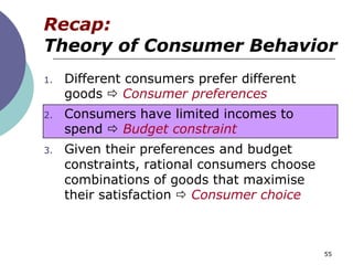 Recap:
Theory of Consumer Behavior
1.   Different consumers prefer different
     goods  Consumer preferences
2.   Consumers have limited incomes to
     spend  Budget constraint
3.   Given their preferences and budget
     constraints, rational consumers choose
     combinations of goods that maximise
     their satisfaction  Consumer choice



                                              55
 