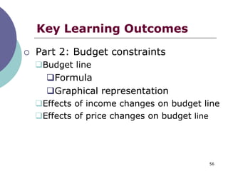 Key Learning Outcomes
   Part 2: Budget constraints
    Budget line
      Formula
      Graphical representation
    Effects of income changes on budget line
    Effects of price changes on budget line




                                          56
 